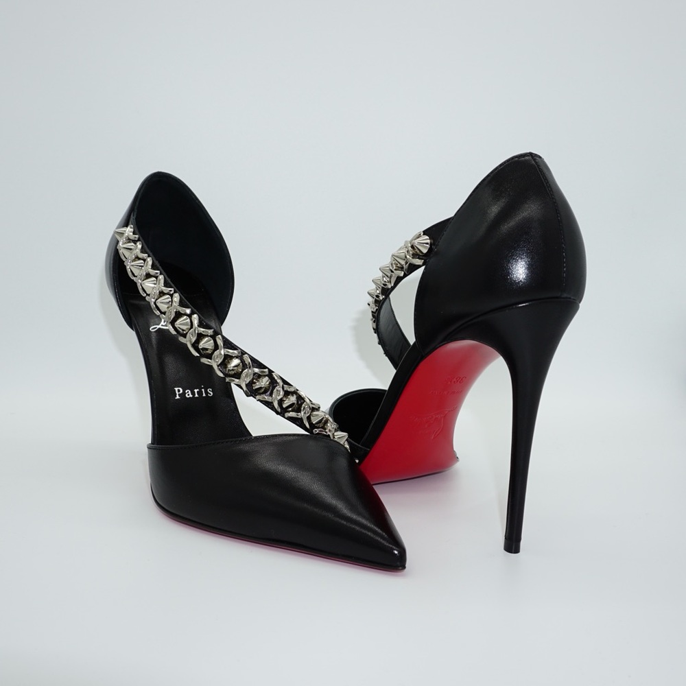 Christian Louboutin Deomina Chain 100 Black Spike Cross Strap Heel Pump 38.5 - Picture 1 of 11